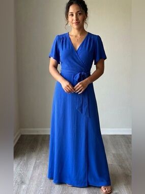 Premier Amour Royal Blue Midi Wrap Dress NWT Size 12 Flutter Sleeve